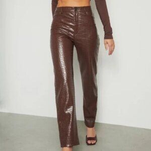 Dynamite Gisele straight leg brown crocodile faux leather pants
